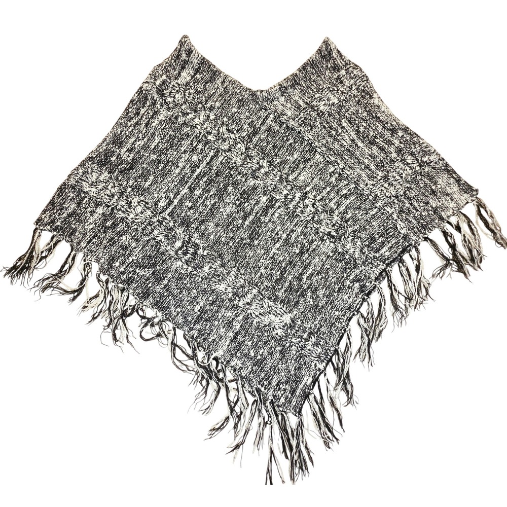 Vintage Uniform John Paul Richard Black White Marled Cable Knit Fringe Poncho OS